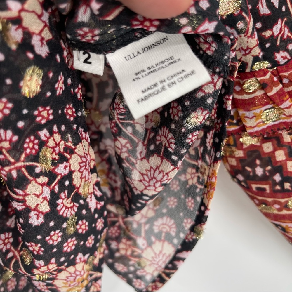 Ulla Johnson Black Floral Boho Peasant Blouse with Red Accents - Picture 8 of 12